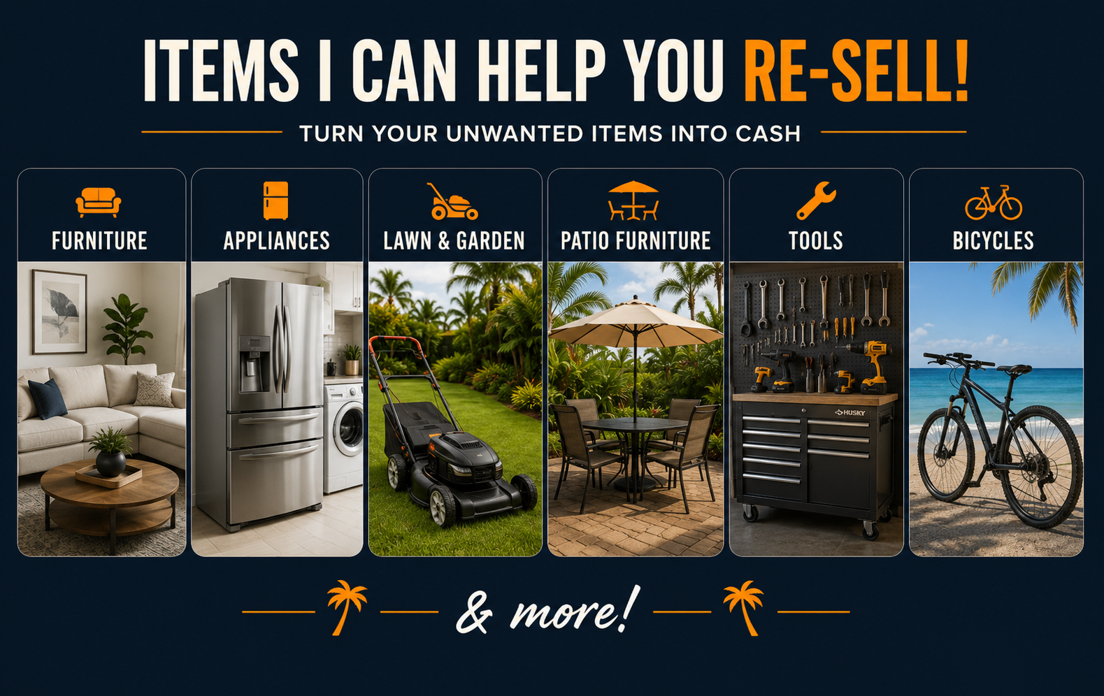 Items I Can Help You Re-Sell — Furniture, Appliances, Lawn and Garden, Patio Furniture, Tools, Bicycles and more